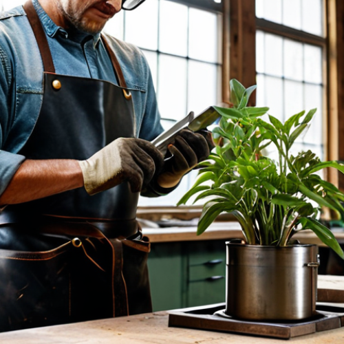 "A craftsperson in a well-lit workshop, welding metal pieces together to create a unique plant stand. Safety glasses and leather apron are worn. Soft, diffused lighting. Safe for work, appropriate content, fully clothed, professional."