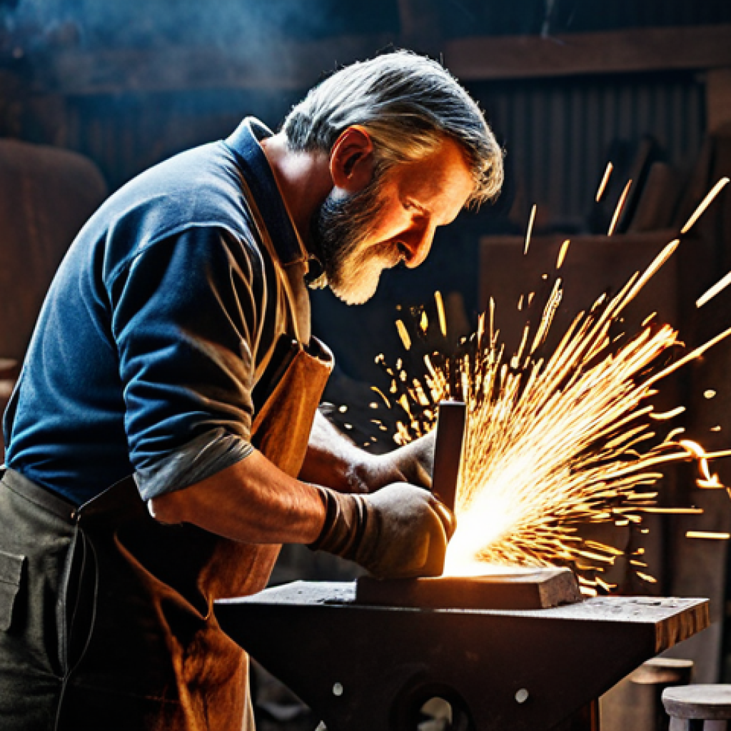 금속 소성가공 원리 - A Blacksmith at Work**

"A skilled blacksmith in a workshop, hammering a glowing piece of metal on a...