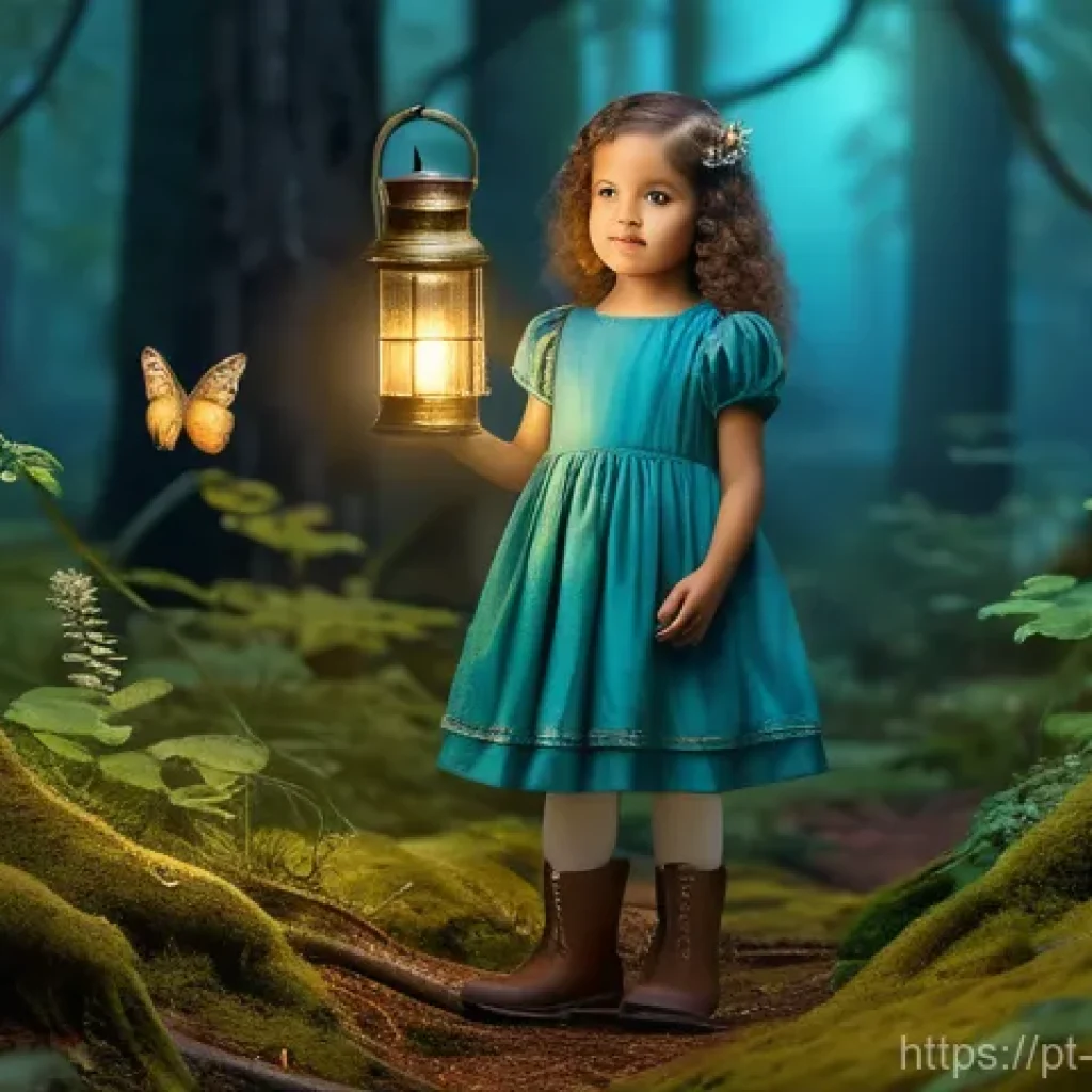 금속 표면 처리 방법 - A whimsical forest scene featuring a curious young girl, around 7 years old, wearing a vibrant blue ...
