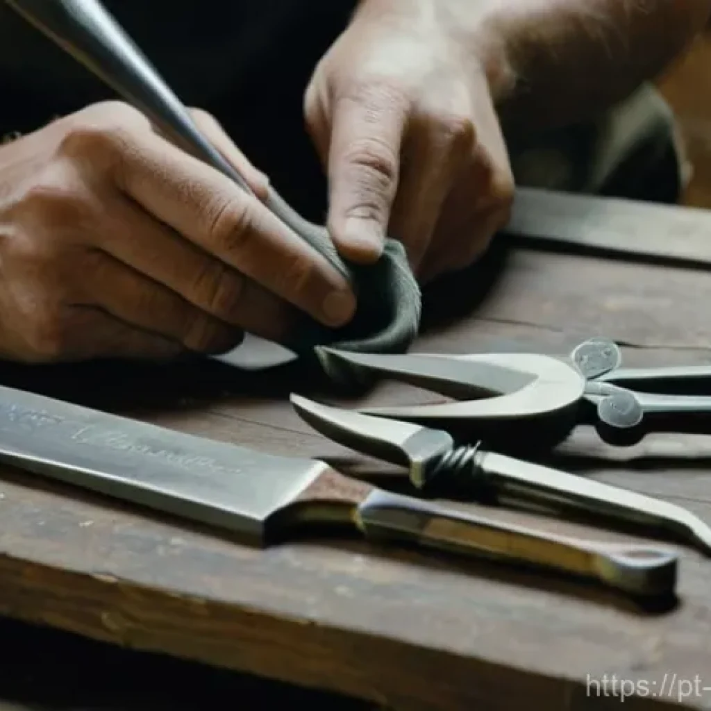 금속공예 도구 관리법 - **Prompt:** A close-up, high-definition photograph of an artisan's hands meticulously cleaning vario...
