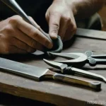 금속공예 도구 관리법 - **Prompt:** A close-up, high-definition photograph of an artisan's hands meticulously cleaning vario...