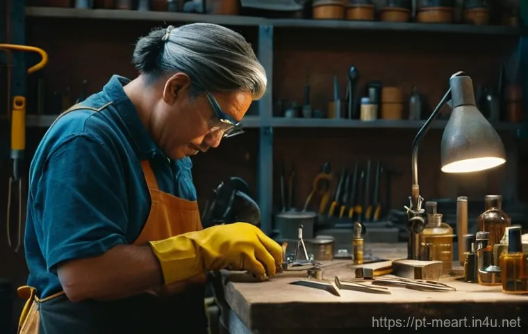 금속공예 도구 관리법 - **Prompt:** A wide-angle, brightly lit shot of a meticulously organized and clean metalworking works...