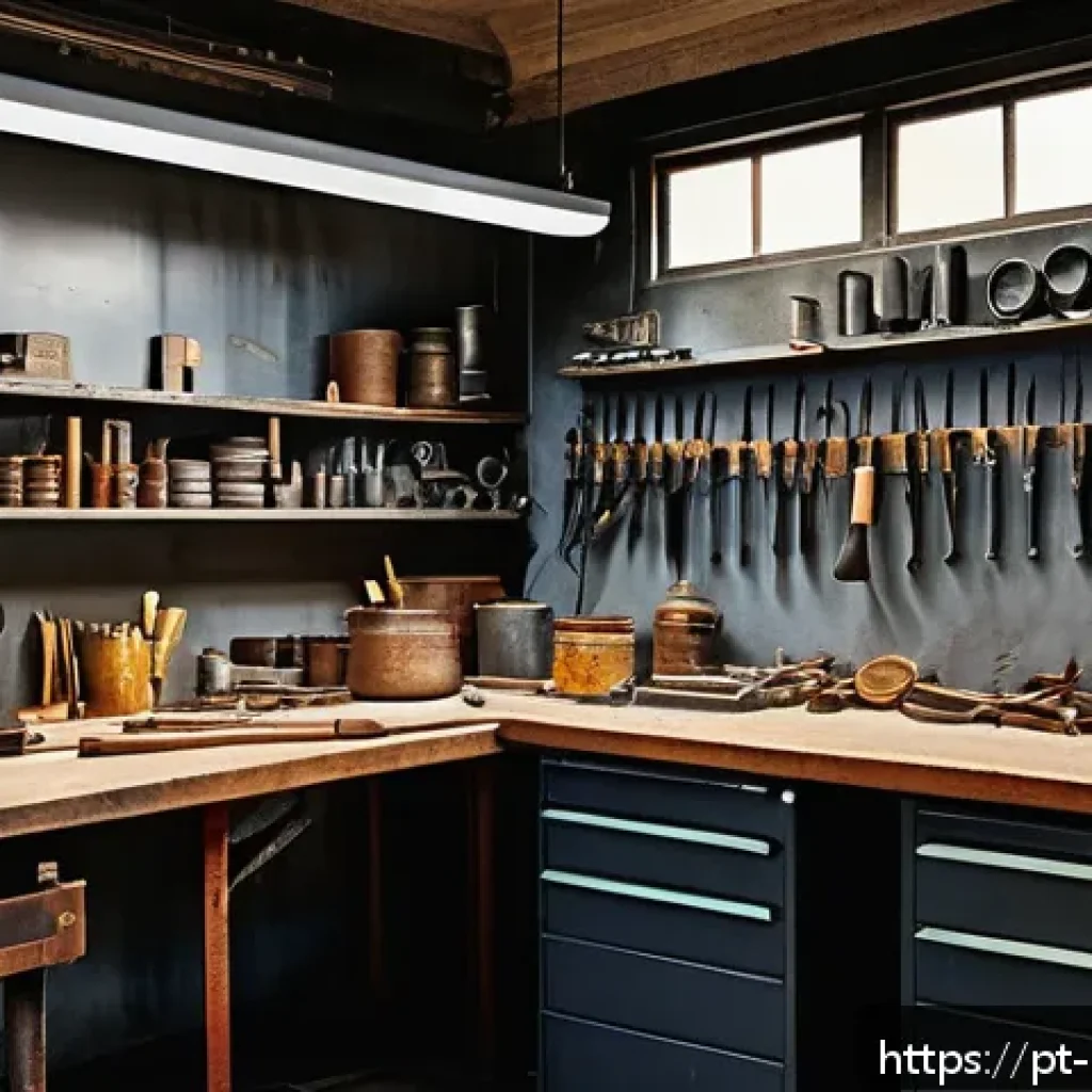 금속공예 작업 시 안전수칙 - A well-organized artisan metal workshop interior with tools neatly arranged on wall-mounted racks an...