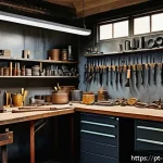 금속공예 작업 시 안전수칙 - A well-organized artisan metal workshop interior with tools neatly arranged on wall-mounted racks an...