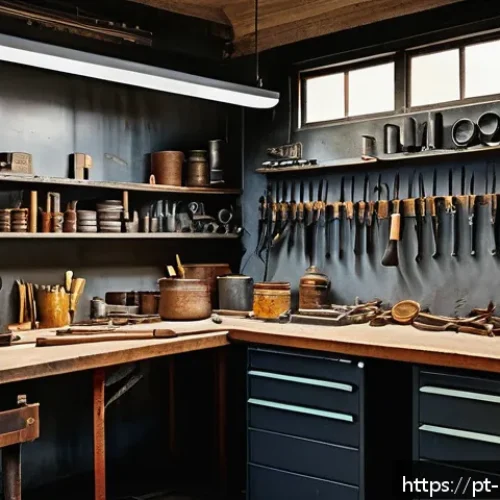 금속공예 작업 시 안전수칙 - A well-organized artisan metal workshop interior with tools neatly arranged on wall-mounted racks an...
