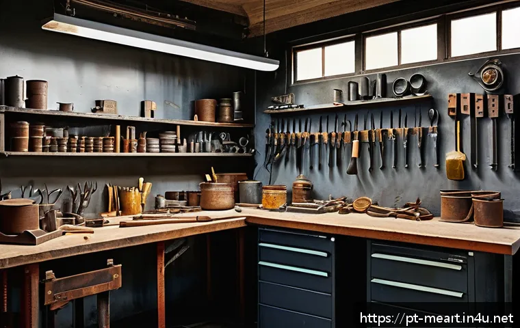 금속공예 작업 시 안전수칙 - A well-organized artisan metal workshop interior with tools neatly arranged on wall-mounted racks an...