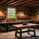금속공예 제품 브랜딩 전략 - A cozy artisan metal workshop interior, featuring rustic tools and natural materials like reclaimed ...