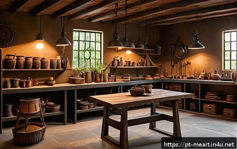 금속공예 제품 브랜딩 전략 - A cozy artisan metal workshop interior, featuring rustic tools and natural materials like reclaimed ...