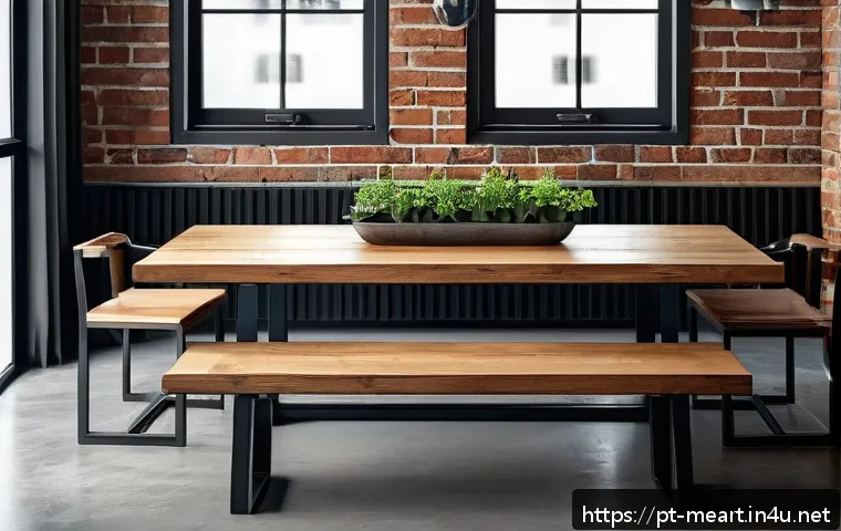 금속공예 가구 제작법 - A modern industrial dining room featuring a robust black matte carbon steel metal frame dining table...