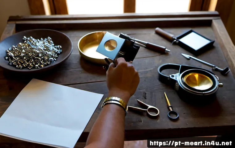 Home 17 금속공예 포트폴리오 제작법 - Photorealistic overhead view of a Brazilian metal artisan assembling a professional jewelry and meta...