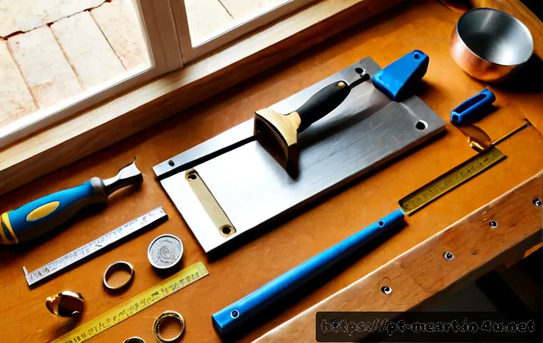 DIY 금속공예 키트 추천 - Photorealistic overhead view of a beginner DIY metalworking kit arranged neatly on a warm wooden wor...